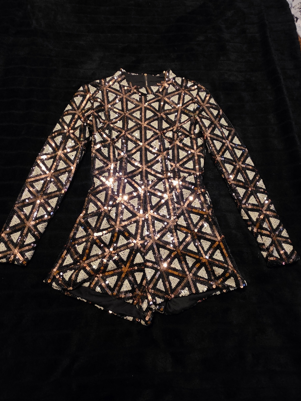 Stunning Black and Rose Gold Geometric Sequin Long-Sleeve Romper